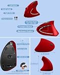 Ergonomic Mouse, Vertical Wireless Mouse 2.4G Rechargeable Optical Vertical Mouse High Precision Optical Mouse Adjustable800/1200/1600 DPI 6 Buttons, for Laptop etc, Red,Specially for Right-handers