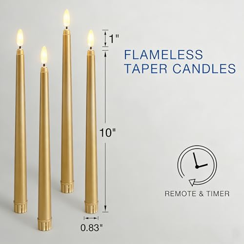 Image of Gold Flameless Taper Candles with Remote, Flickering Battery LED Candlesticks Wedding Home Decor Set of 4