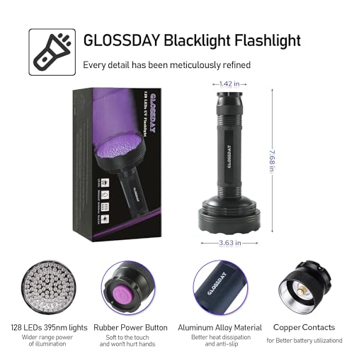Image of GLOSSDAY Blacklight Flashlight,128 LED UV Flashlights, Upgraded Bright Ultraviolet Flashlight Professional Black Light for Dog /Cat, Hunting Scorpions