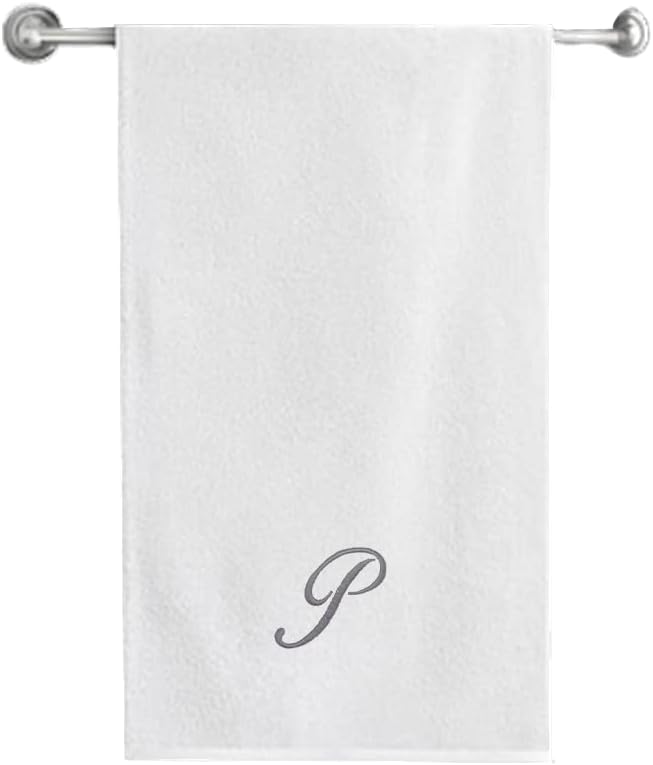 BYFT Embroidered For You (White) Luxury Monogrammed Bath Towel (70 x 140 Cm -Set of 1) 100% Cotton, Highly Absorbent and Quick dry, Classic Hotel and Spa Quality Bath Linen -600 Gsm (Silver Letter P)