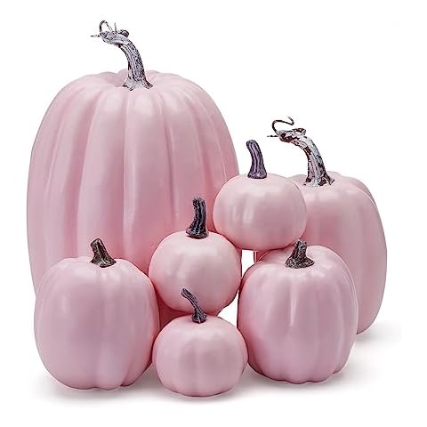 Lucakuins 7Pcs Artificial Pumpkins Fall Decoration Assorted Faux Pumpkin Cute Foam Pumpkins for Home Outside Halloween Decorating (Pink1, One Size) Cover