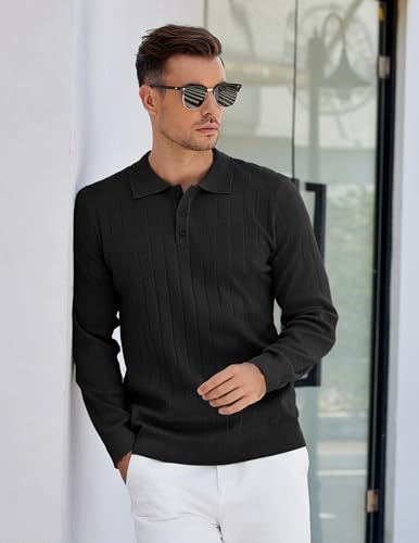 COOFANDY Mens Long Sleeve Polo Shirts Collared Knit Dress Sweater Lightweight Casual Henley Shirt Black - Image 2