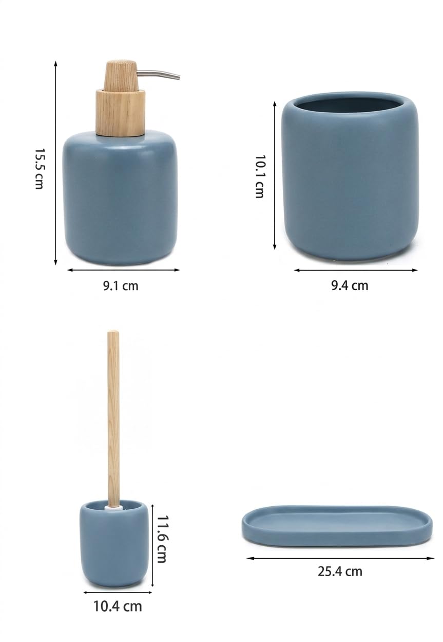 BM Set Accessori Bagno in Ceramica 4 Pezzi con Vassoio – Dispenser Sapone, Porta Spazzolini e Scopino WC, Design Moderno con Dettagli in Legno (BLU)
