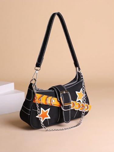 Image of Verdusa Women's Y2k Star Embroidery Shoulder Bag Mini Chain Vacation Hobo Handbag Purses Orange One-Size