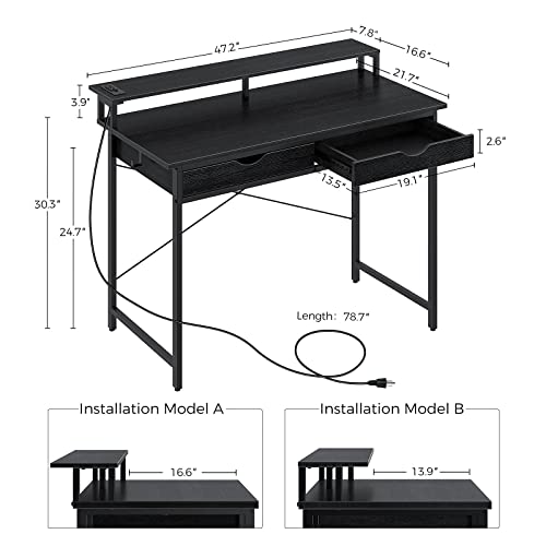 Rolanstar Computer Desk With 2 Drawers And Power Outlet, 47" Home Office Writing Desk With Monitor Stand, Workstation Table With Stable Metal Frame, Black #TOP2