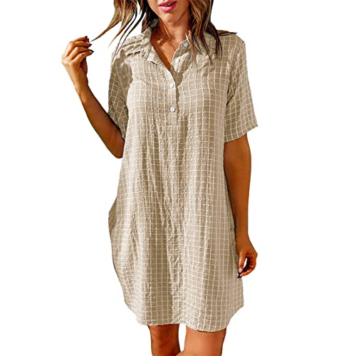 QWUVEDS Vestido de Navidad para mujer con botón de manga corta y sencilla para verano, vestido corto con purpurina, color negro, caqui, M-36/38/40