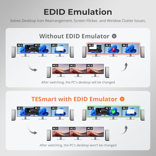 Image of TESmart 4K@144Hz Displayport + HDMI KVM Switch 3 Monitors 2 Computers USB 3.0, HDMI 2.1&DP 1.4 KVM Switch Triple Monitors 8K@60Hz Gaming, Support EDID, Gigabit Network, VRR, All Input Cables Included