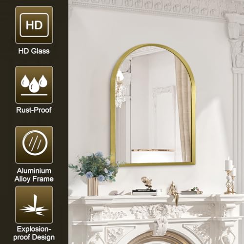 Image of Arch Wall Mirror Aluminum Alloy Frame Bathroom Wall Mirror for Vanity Living Room, Bedroom Entryway Room Home Decor 20 inchx16 inch