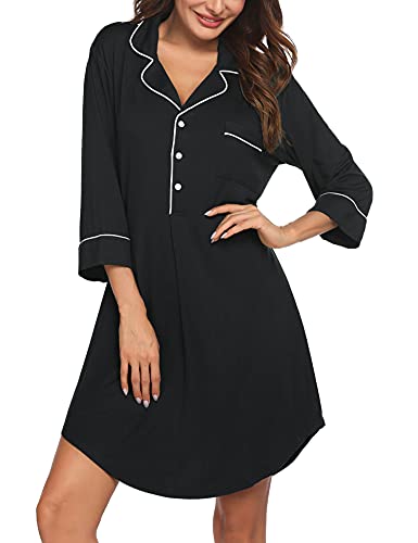 Ekouaer Boyfriend Style Sexy Cotton Nightgown Sleep Shirt For Women,Black(3 4 Sleeve),XX-Large