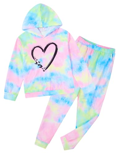 Idgreatim 7-12Y Girls Tie Dye Outfits 2 Piece Long Sleeve Sweatshirts Sweatpants Set