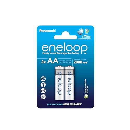 eneloop, Pilas Recargables AA/Mignon, Paquete de 2, Capacidad de mín. 2000 mAh, Pilas Ni MH, Listas para Usar, Recargables hasta 2000 Veces, Embalaje sin plástico, Standard, Blancas