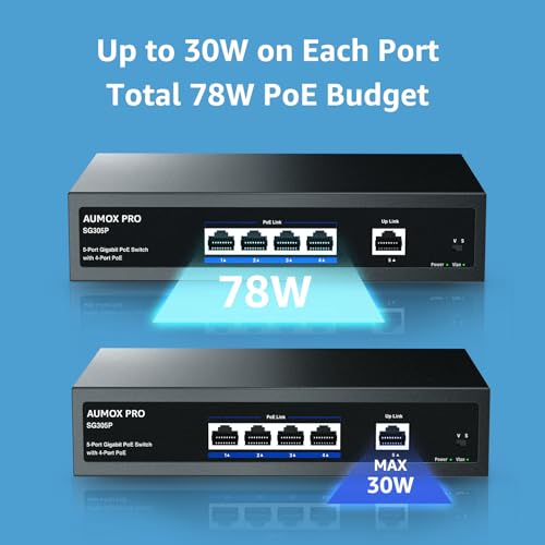 Image of 5 Port Gigabit PoE Switch 78W 4 PoE+1 Uplink VLAN Unmanaged | IEEE 802.3af /at, Fanless Metal Housing, Desktop & Wall mount, One Key VLAN, Plug and Play for IP Cameras Office Network