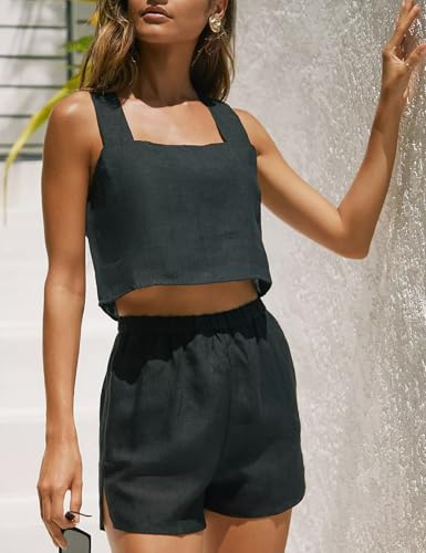 IDEALSANXUN Womens Linen Crop Tank Tops Summer Cute Sleeveless Square Neck Loose Fit Shirts Blouses2