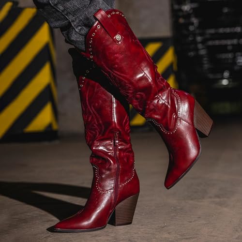 Knee High Western Boots For Women Embroidered Cowboy Boots Pointed Toe Chunky High Heel Wide Calf Shoes4