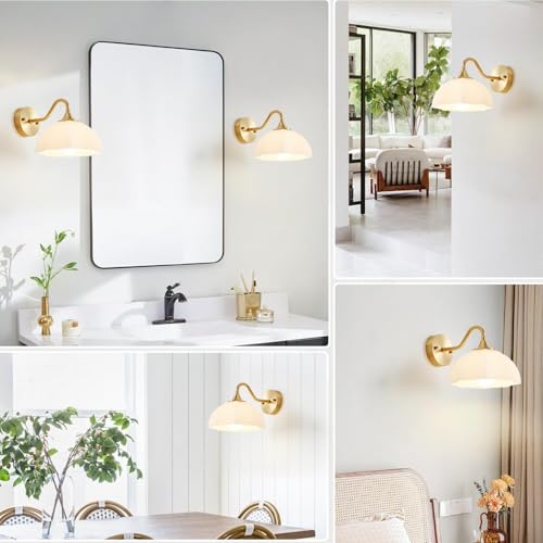Image of Gold Wall Sconce Set of 2 Mid Century Modern Wall Mount Light Hardwired Sconces Wall Lighting with Milky White Glass Shade Indoor Bedside Sconces Wall Lamp for Living Room Hallway MWL02-2A