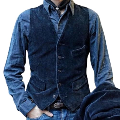 Gilet classique boutonné en velours côtelé pour homme avec coupe ajustée et aspect vintage (L bleu)