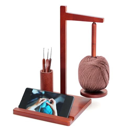 Image of Wooden Yarn Holder for Crocheting，Crochet Yarn Holder with Phone Stand, Rotatable Yarn Ball Holder with Crochet Hook Storage，Yarn Spinner for Knitting Enthusiasts