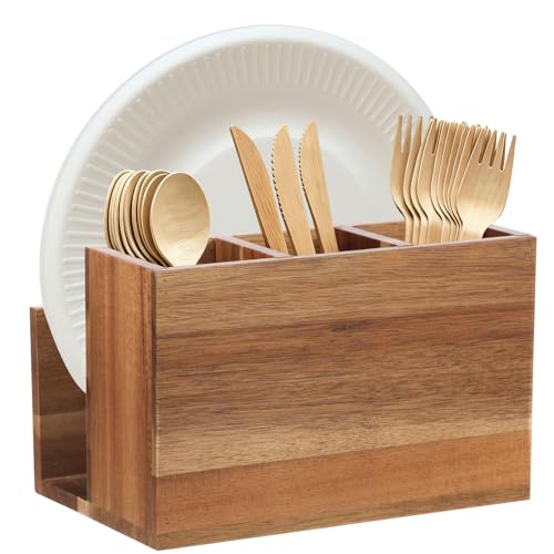 XXLAUBBD 3 Compartment Wooden Silverware Caddy with Napkin Holder Cutlery Organizer for Party Kitchen Countertop Fork Spoon Knife