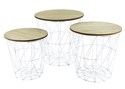 Spetebo Metall Beistelltisch mit Stauraum weiß/helle Platten - 3er Set - Wohnzimmer Tisch mit Abnehmbarer Holz Platte Metallkorb Sofatisch Couchtisch