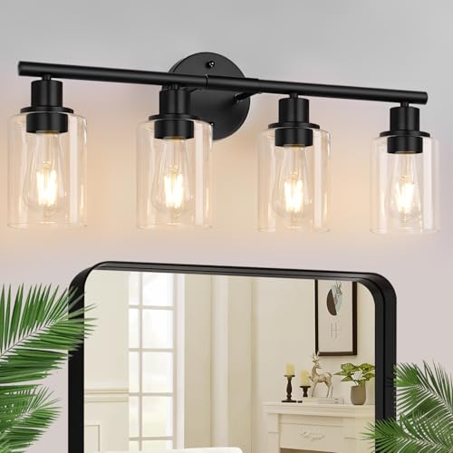 4-Light Bathroom Light Fixtures, Matte Black Modern Vanity Lights Over Mirror with Clear Glass...