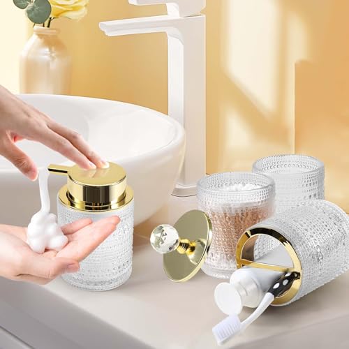 DASITON Bathroom Accessories Set,4Pcs Glass Bathroom Counter Set with Foaming Soap Dispenser,Toothbrush Holder,Bathroom Tumbler,Cotton Swab Jars, for Vanity Bathroom Decor(Clear A) - Image 4
