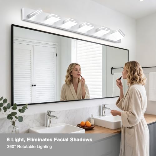 Image of LED Modern Bathroom Vanity Light Fixtures, Dimmable White Vanity Lights for Bathroom Lighting Fixtures Over Mirror, with 360 Rotatable Acrylic Heads 6-Light 42-inch (Cool White 6000K)