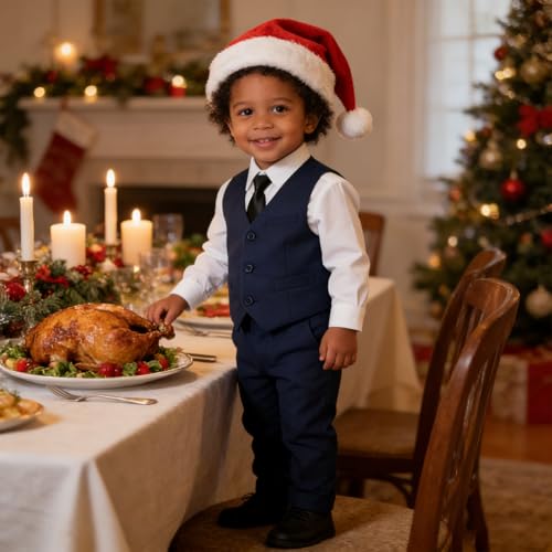 Image of Baby Boy Formal Suit for Toddler Infant Tuxedo Dress Suits | Little Gentleman, Wedding Ring Bearer Outfit, Vest Pants Long-Sleeve Shirt Tie, Birthday Party Christmas Prom, Classic