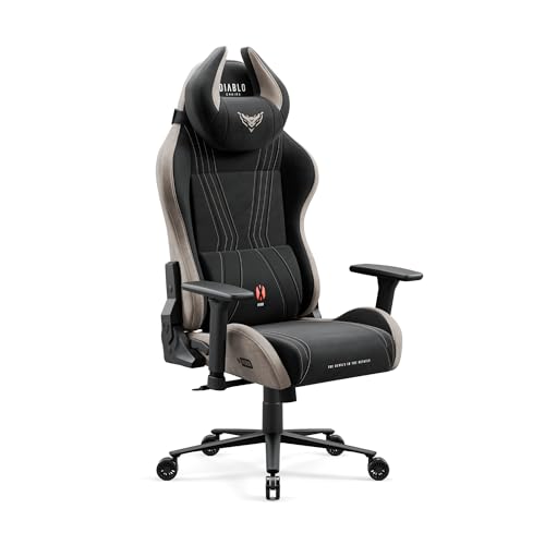 Diablo Gamer Stuhl Ergonomisch Stoff X-Horn 2.0 - Gaming Stuhl 150 kg, Verstellbare 3D-Armlehnen, Kopfstütze und Lendenwirbelstütze - Bürostuhl, Schreibtischstuhl - Normal (L) - Beige-Schwarz