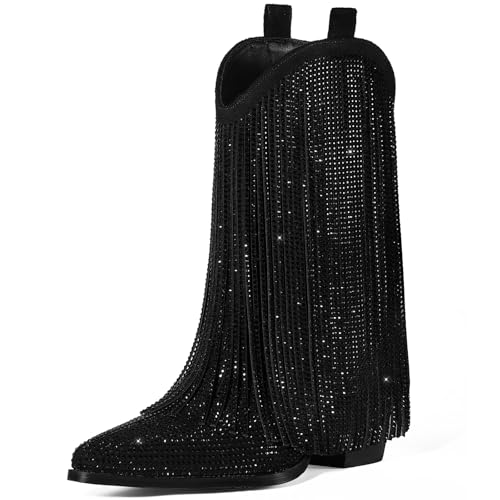 Image of Cowboy Boots for Women - Cowgirl Western Rhinestone Sparkly Fringe Chunky Heel Pointed Toe Mid Calf Boots