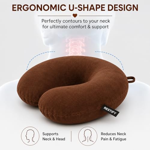Image of Restify Premium Memory Foam Travel Neck Pillow | Soft Velvet U Shape Neck Support Cushion for Flight, Airplane, Car & Office Travel | Portable Pillow for Men & Women | Brown