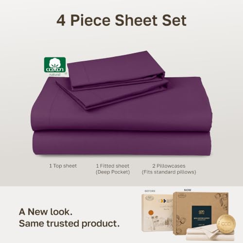 Image of Soft Natural 100% Cotton Sateen Full Bed Sheets, 4 Pc Set, Purple Passion