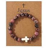 SHINUS BOHO Religious Cross Beaded Inspirational Natural Stone Bracelets for Women,Healing Relaxation Chakra Purple Gemstone Christian Faith Bracelet Gifts Birthday Mother Friend Sister Men