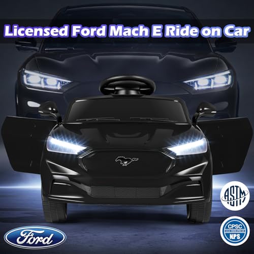 Image of Costzon Ride on Car, 12V Licensed Ford Mach E Kids Electric Vehicle with Parent Remote, LED Lights, Horn, Music, Wireless Connection & Spring Suspension, Kids Car Toy for Girls Boys (Deep Black)