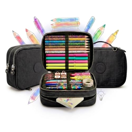 Estojo Escolar Box Grande em Nylon com Divisórias e Elásticos – Organizador de Lápis e Canetas, Alta Capacidade, Resistente com Zíper Reforçado, Ideal para Material Escolar, Estudo e Desenho (Preto)