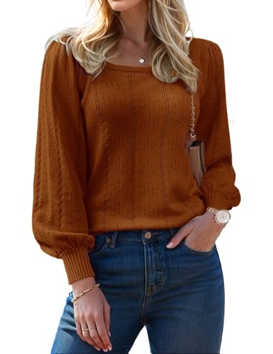 XINWEZZ Womens Sweaters Fall 2024 Casual Puff Long Sleeve Square Neck Cozy Knitted Pullover Sweater Tops Trendy Outfits