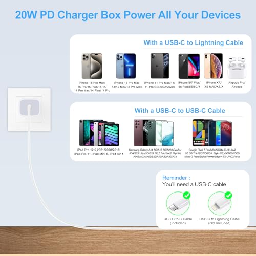 Image of USB C Box Fast Charger Block for Samsung Galaxy A14 5G /S21 FE /A13 /A54 /A23 /A53 /A03S /A24 /A34 /Z Fold4 /S23 /S22 /A04S,iPhone 14 /13 Pro Max /12 /SE /11 /8 /X,Pixel 7Pro /6,20W Wall Charger Plug USB C Charger Brick
