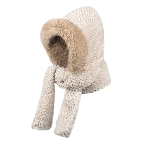 Women Girls Faux Fur Winter Knitted Hat Scarf 2-in-1 Set Plush Fluffy Head Wrap Neck Ear Warmer Infinity Hooded Scarf2