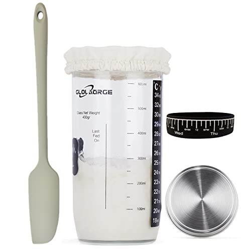 Glolaurge Bocal de levain pour débutant avec thermomètre, étiquettes, spatule, couvercle en tissu et couvercle en acier inoxydable, récipient de démarrage à large ouverture de 700 ml