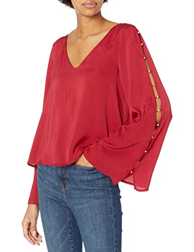 Cupcakes And Cashmere Women's Perlata Pearl Tumble Satin Bell Sleeve V-Neck Top, Currant Red, Small #TOP11