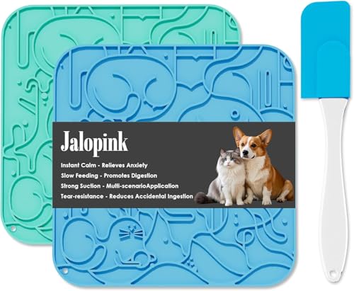 Jalopinkシリコーン2ピース舐めパッド犬猫用、退屈と不安を和らげる強力な吸盤付きスローフィーダー、ウェットフード、おやつ、ヨーグルト、ピーナッツバターに最適です (緑＋青, 大)