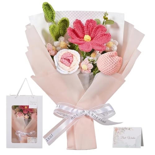 ilifemate Crochet Flower Bouquet Pink Flowers, Birthday Gifts for Mom Grandma Wife Girlfriend - Handmade Crochet Flowers for Mother's Day, Anniversary, Wedding, Romantic Gift
