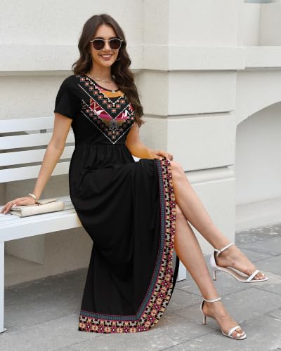 Image of COSSEN Women's Crew Neck Short Sleeve Maxi Dress with Pockets Casual Loose Swing for Wedding Guest Beach Vacation