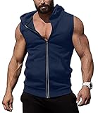 COOFANDY Mens Cut Off Hoodie Bodybuilding Muscle Shirt Sleeveless Hooded Zip Up Tank Top Blue