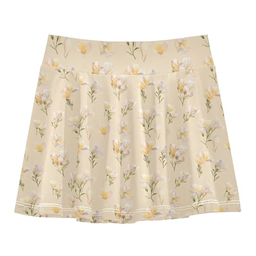 Vintage Floral Flowy Girls Tennis Skirts with Built in Shorts Cheer Skirts with Pockets Little Girls Golf Skirt Beige