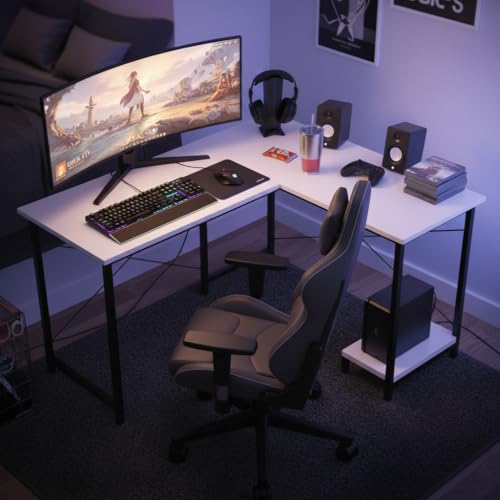 Image of RIZIK Store L-Shaped Computer Desk | 50-Inch Corner Gaming & Study Table with Engineered Wood Top, Metal Frame & CPU Shelf | Writing Workstation for Bedroom, Office & Small Rooms (White)