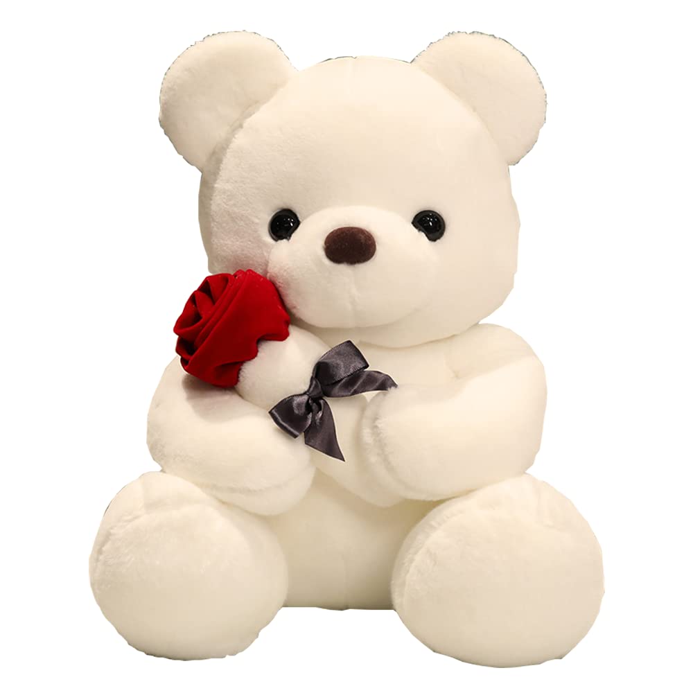 Annco Valentine Teddy Bear Plush Toy - Soft Stuffed Animal with Rose Flower, for Her/Girlfriend on Valentine's Day, Christmas, Anniversaries(White, 35cm(13.8"))