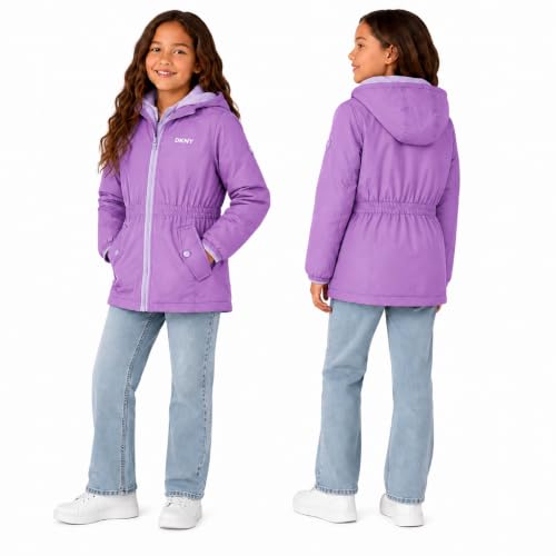 Image of DKNY Girls Midweight Jacket, Anorak Windbreaker, Polar Fleece Lined, Hooded