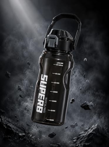 Image of Plastic Big Water Bottle 2 Liter with Straw Clear Motivational Time Marker Drink XL Jug with Handle for Sports Gym - Black