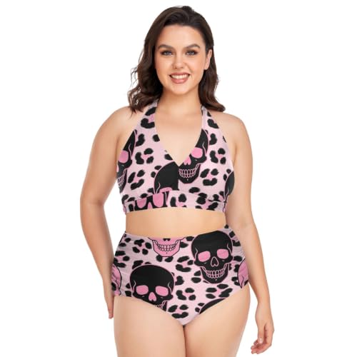 Maillot de bain 2 pièces léopard rose noir taille haute bikini femme
