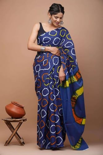 Image of Hand Block Printed Cotton Mulmul Saree | Soft Lightweight Summer Saree | Pure Cotton Traditional Indian Saree for Women